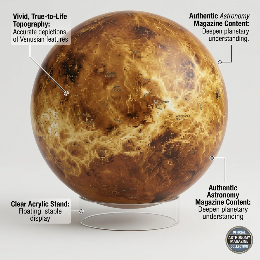 A product visualization matrix showing the Replogle Astronomy Magazine Venus Globe features.