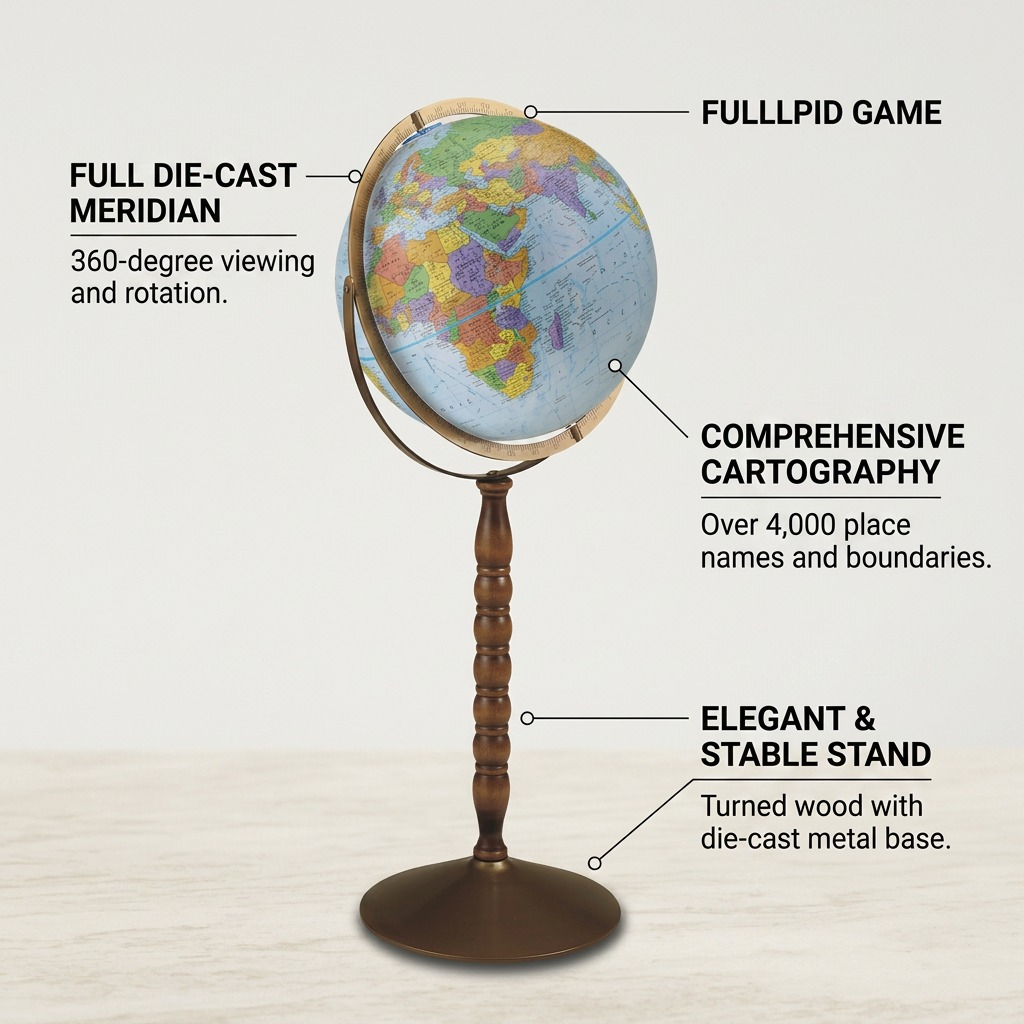 A infographic matrix showing 3 key features and benefits of the globe: full meridian, detailed map, and sturdy stand.
