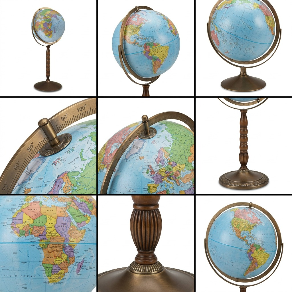 A premium 3x3 grid display showcasing the canonical floor globe from three distinct high-resolution angles: a direct frontal view, a rotated 45-degree angle, and an interior full-meridian close-up view.