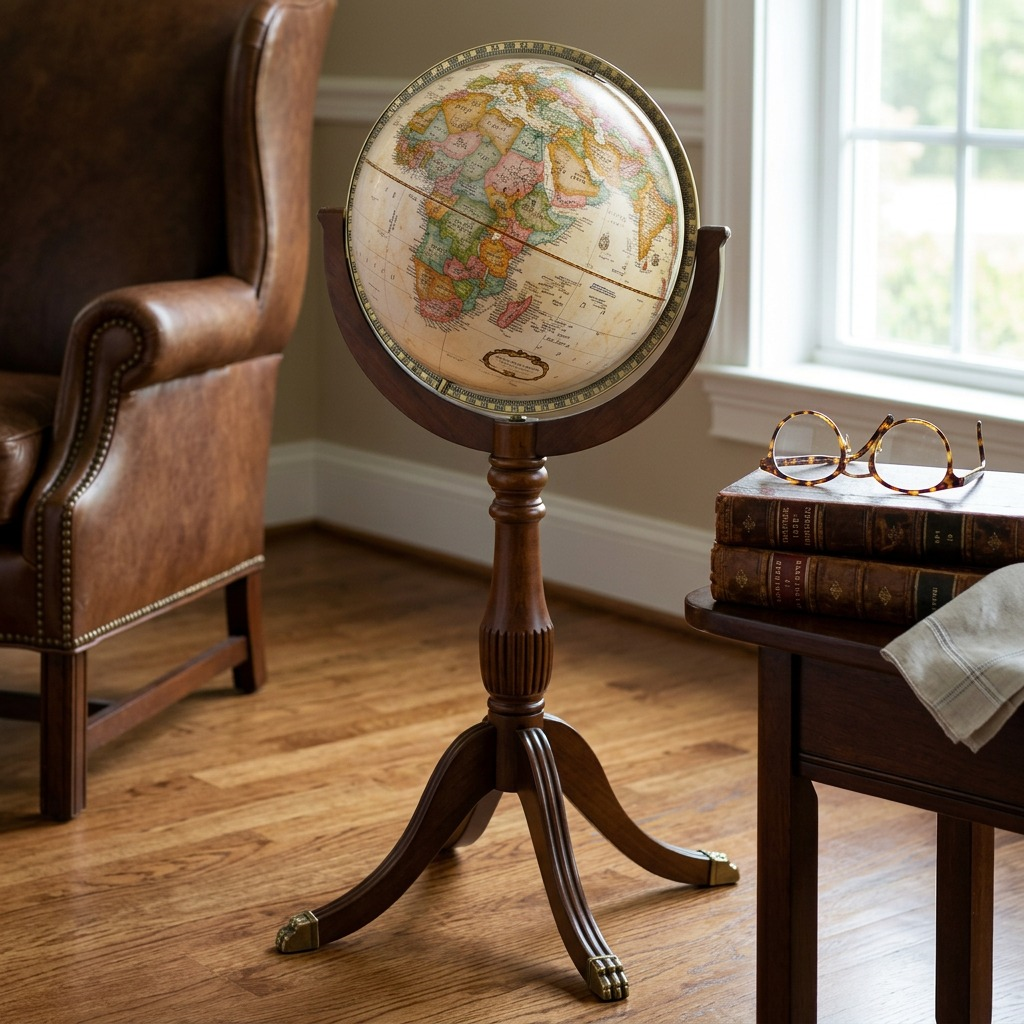 An image of the Sherbrooke globe beside a pair of common eyeglasses. The globe is shown in a home office setting.