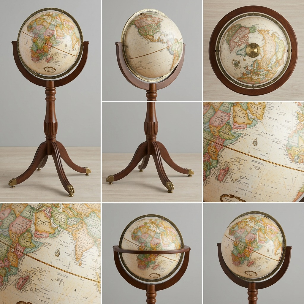 An image showing multiple angles of the multi-directional antique-ocean desk globe from the original product reference, highlighting its stand.