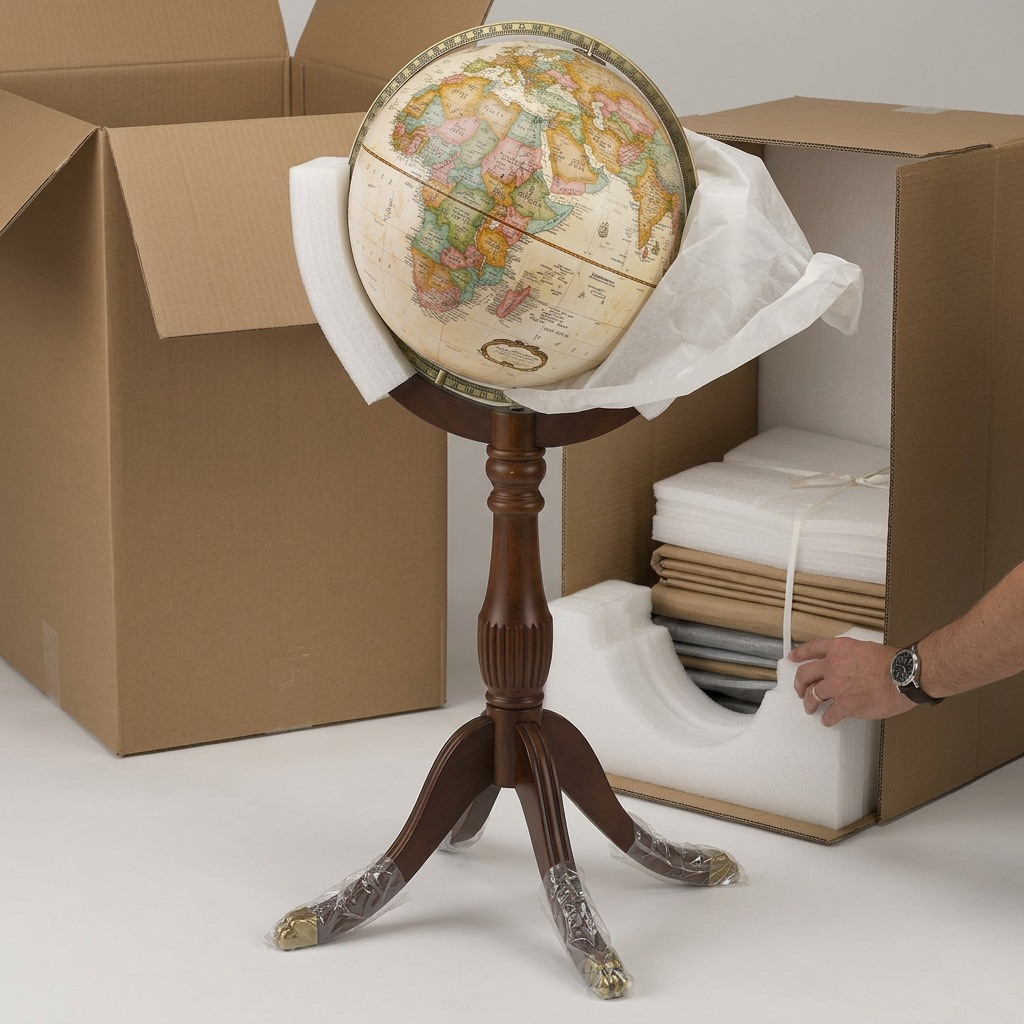 A person carefully removes packing material from a premium antique-style floor globe in its shipping box.