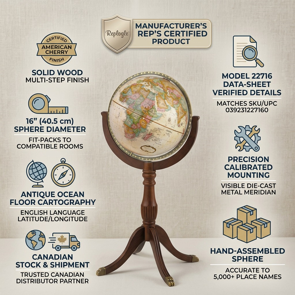 Product trust infographic for the Replogle Sherbrooke Floor Globe, featuring icons and factual details.
