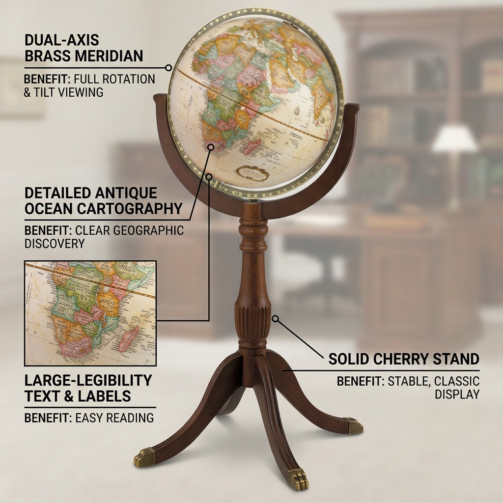 Operational features matrix: callouts on the 22716 glove highlight its antique ocean cartography, large-legibility text, and dual-axis brass meridian.
