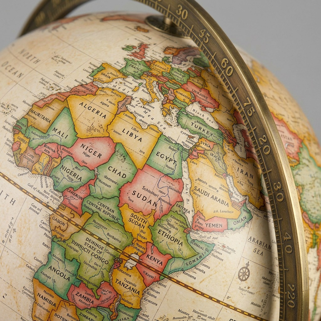 An extreme close-up of a premium, detailed globe, showing parchment-style maps with hand-painted color washes and crisp text, all held within an aged brass meridian ring. Precision stitching is visible on the handcrafted paper surface, conveying quality and care. (PDP Image 3)
