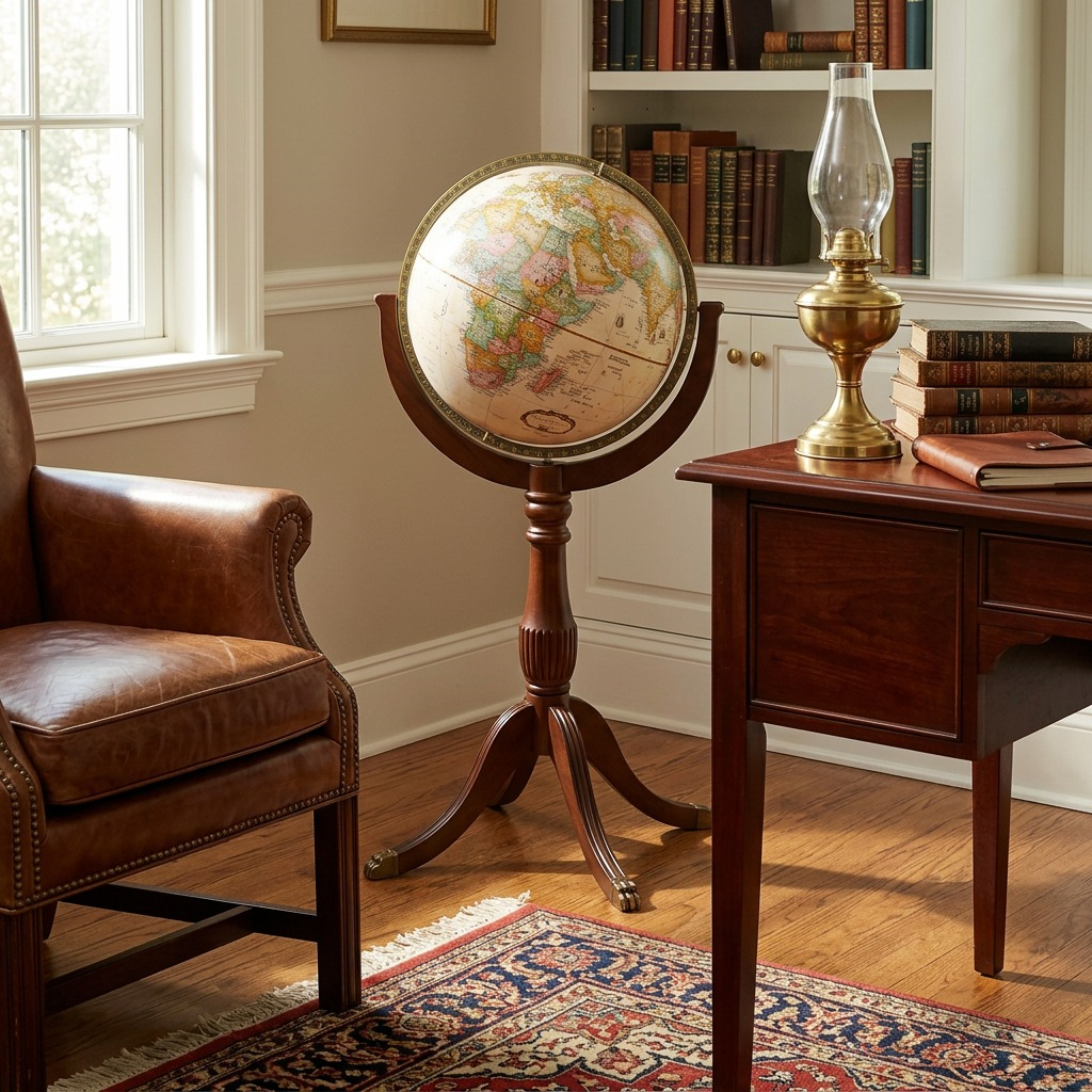 A realistic photo of the specific Replogle Sherbrooke globe on its wooden floor stand, positioned next to an armchair in a cozy, sunlit study.