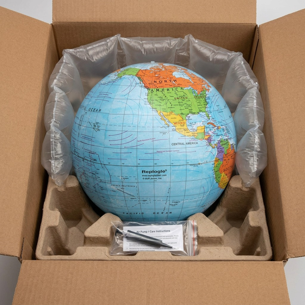 Neutral shipping box reveals the fully protected Replogle Inflatable Globe.