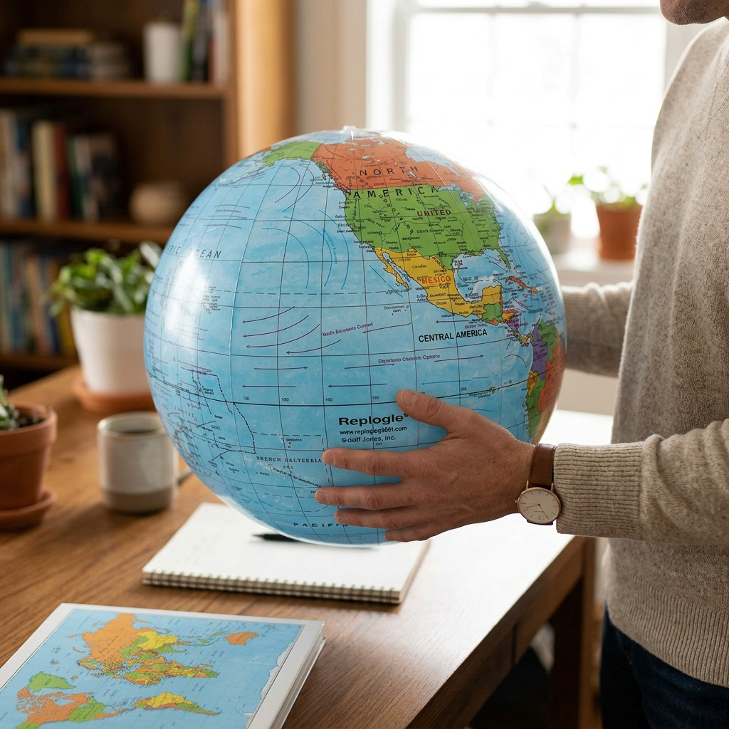 A close-up photograph of the Replogle Inflatable Blue Ocean Globe being gently handled by hands, with a warm, out-of-focus home study in the background. The globe's clear political map details are easily readable under natural light. This lifestyle shot highlights its practical, educational, and fun characteristics. Length: 104 characters.