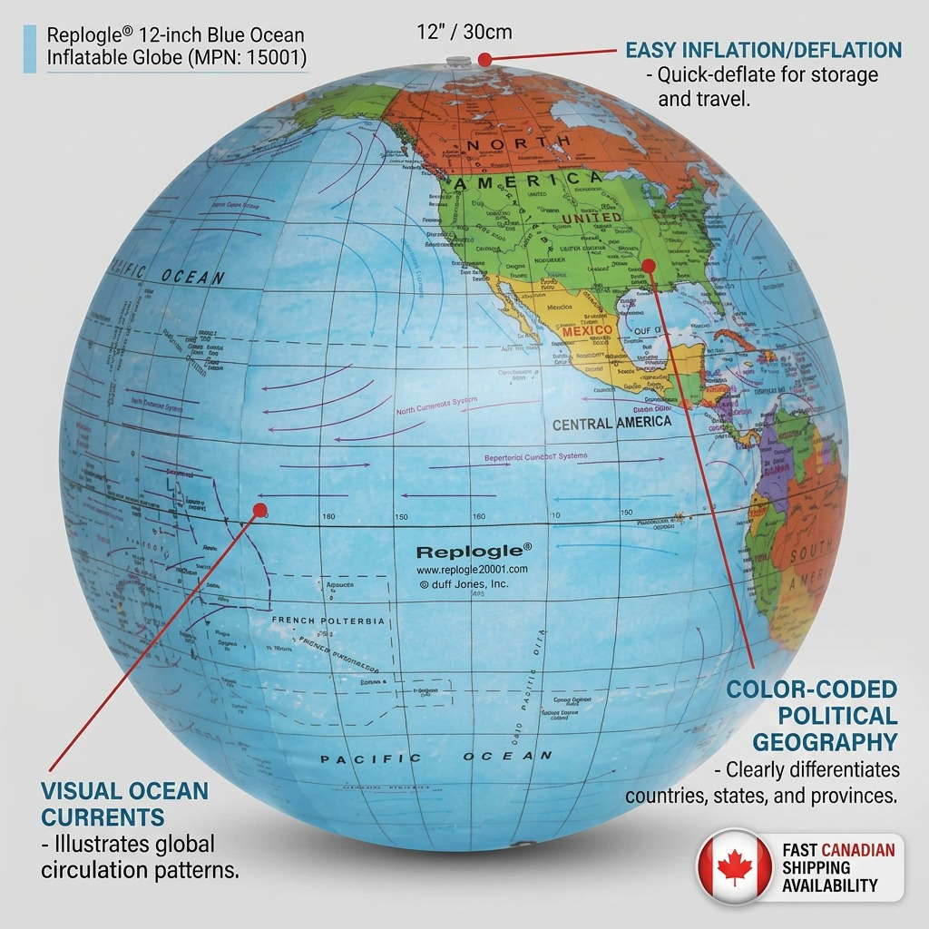 Replogle Globes inflatable physical globe feature callout graphic detailing key technical attributes: inflation functionality, visual ocean currents, and color-coded political geography, in polished visual layout for ecommerce.