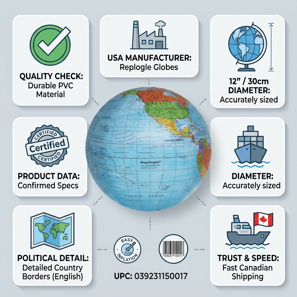 Trust and authority infographic featuring a Replogle inflatable globe with factual cues and shipping information.
