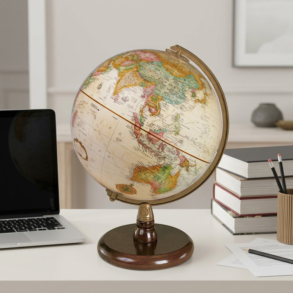 Scale reference photo showing the Replogle Quincy Desk Globe 22.9 cm / 9 inches.