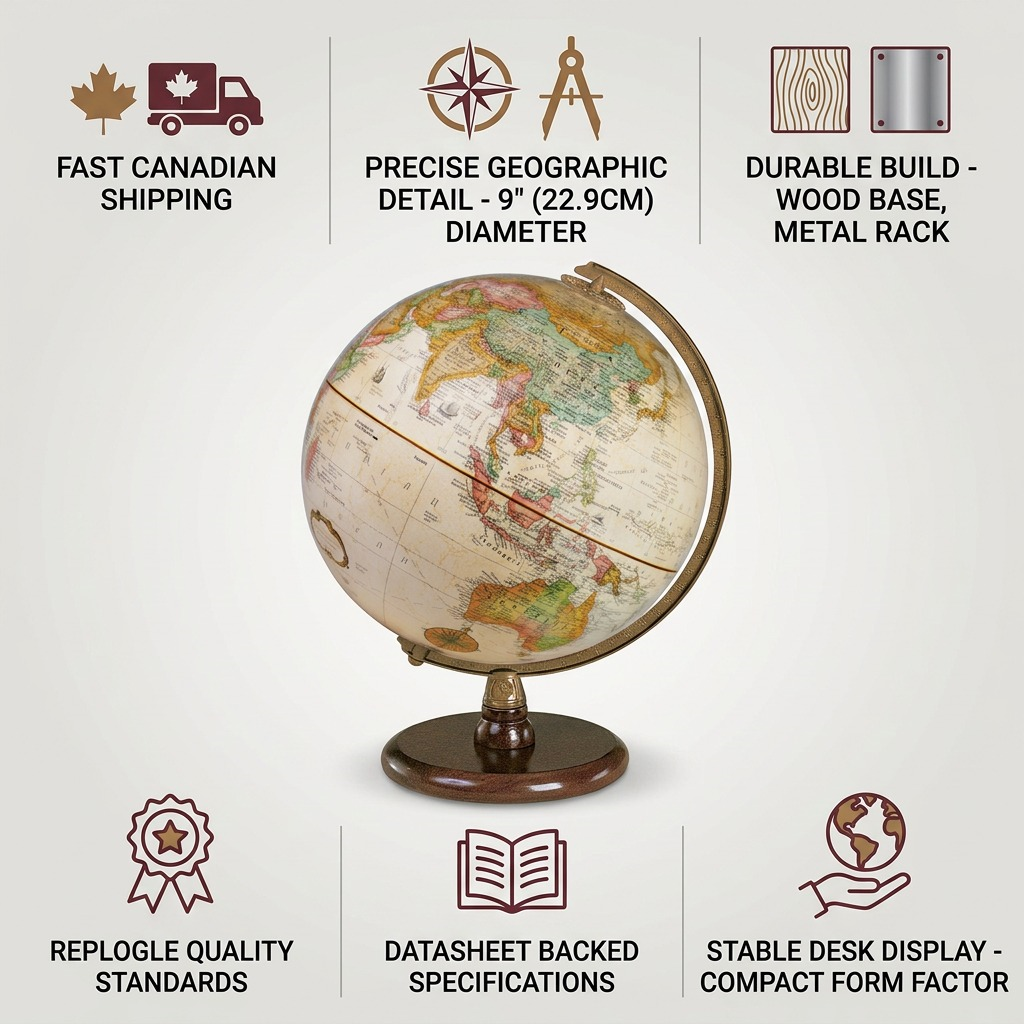 A trust infographic for the Replogle Quincy Globe, highlighting material, fast Canadian shipping, and authentic design.