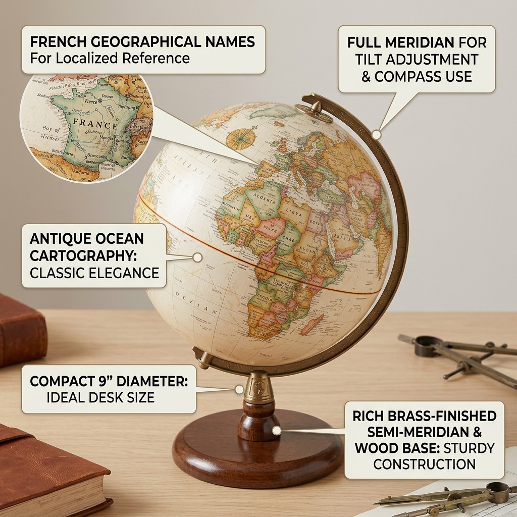 Operational feature callout of Replogle Quincy 9" antique ocean desk globe.