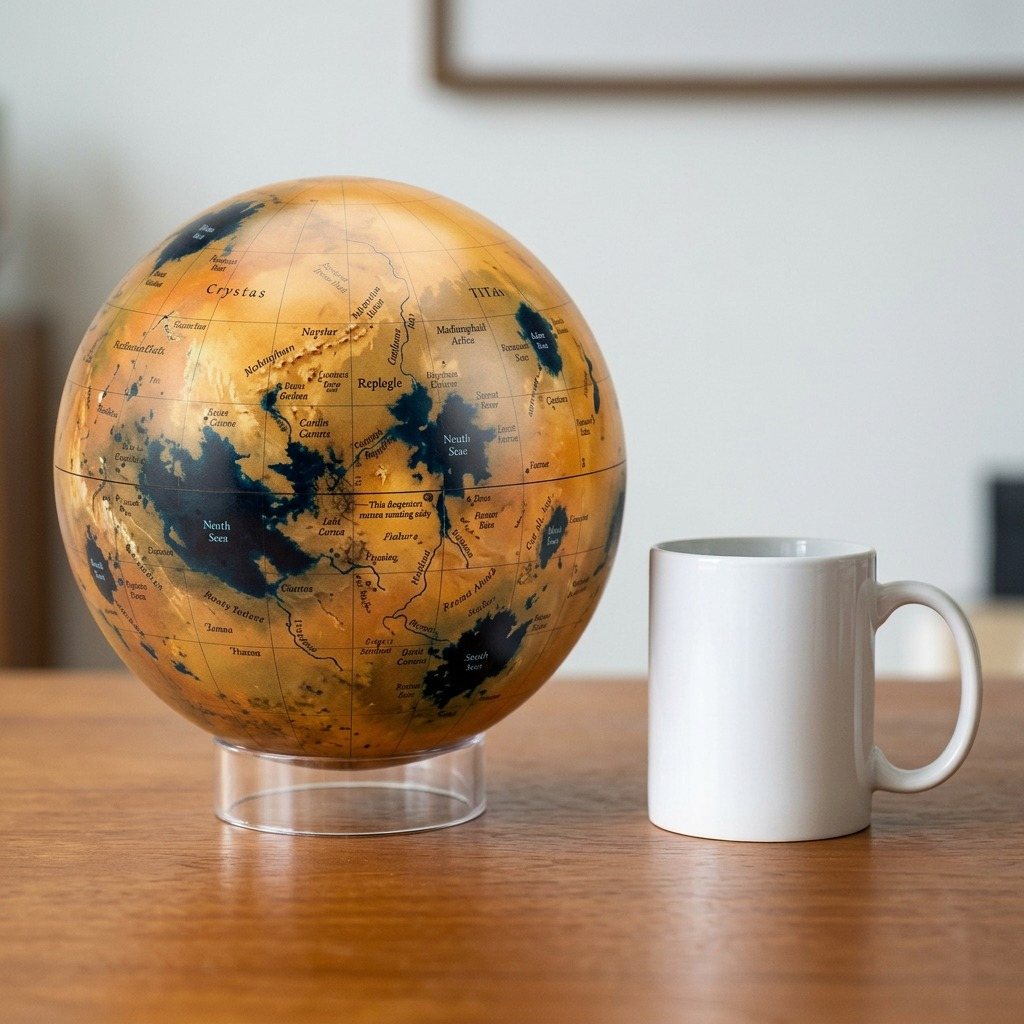 Replogle Titan globe (85408) beside a standard white coffee cup on a wooden desk.