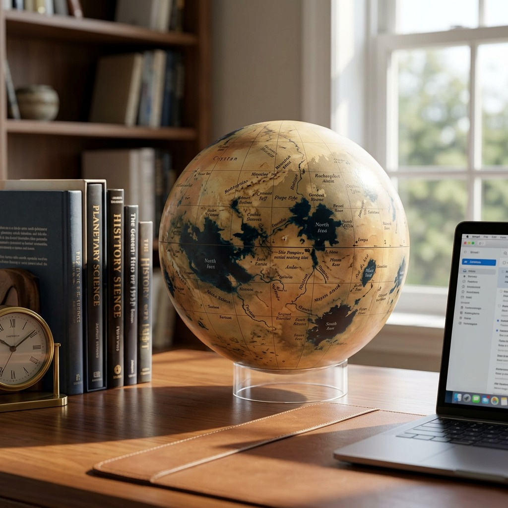 Replogle Globes TITAN multiple astronomy globe on a wooden desk with books, natural light.