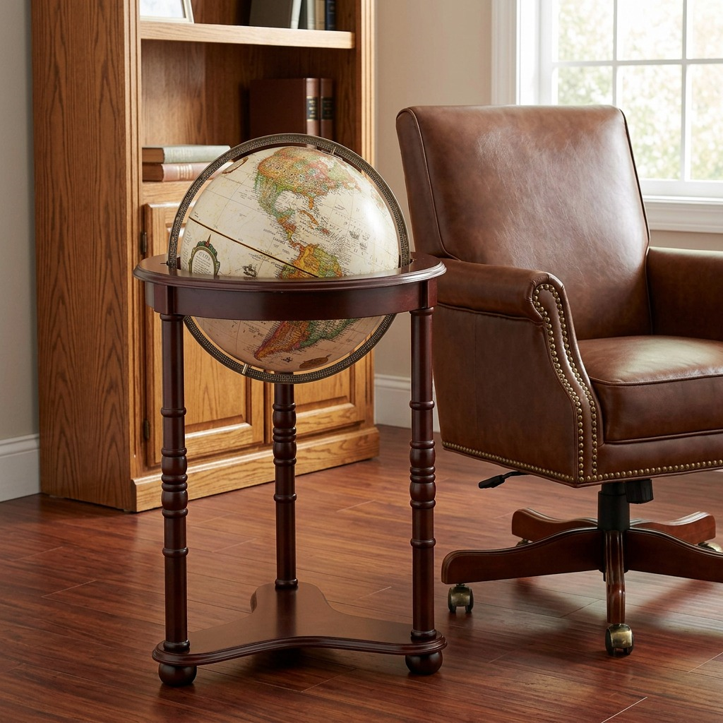 Comparison photo of the Westminster 16" globe stand next to a leather armchair and bookshelf.