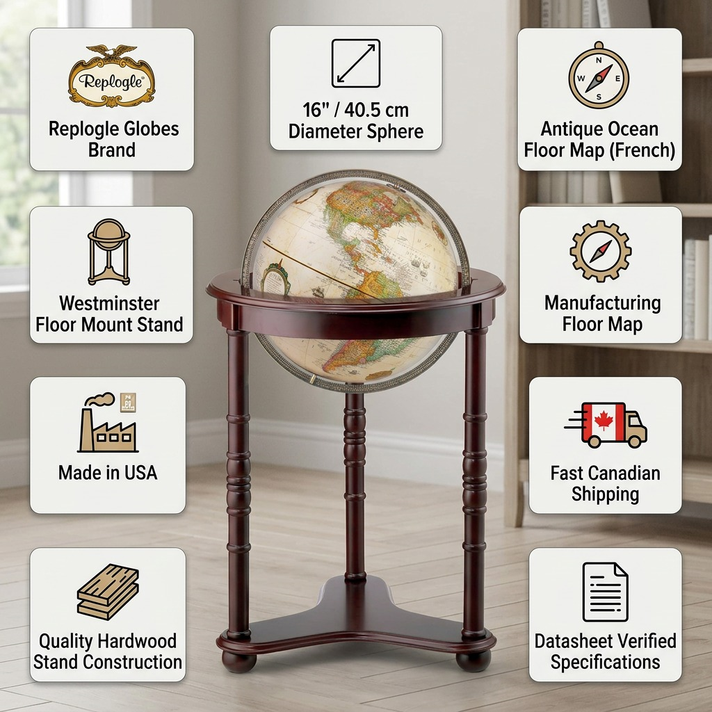 A graphical infographic for the Replogle Globes Westminster product, set in a clean, neutral e-commerce layout. It features a central image of the antique ocean floor globe on its dark wood floor stand. Surrounding or beside the product are icons and text callouts highlighting its key features: "Replogle Globes Brand," "16"/40.5 cm Diameter," "Antique Ocean Floor (French)," "Westminster Floor Mount," "Made in USA," and "Fast Canadian Shipping."