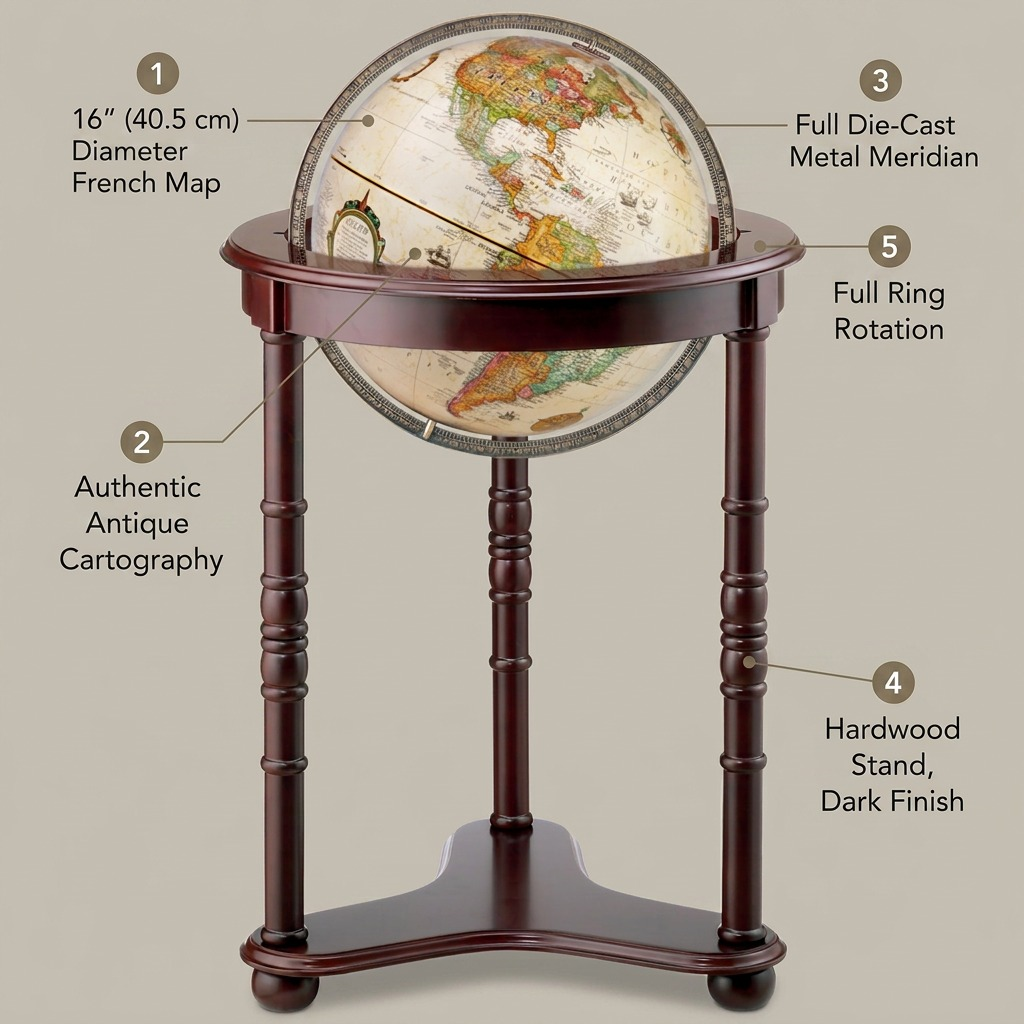 An ecommerce infographic of the Westminster Globe on its stand, with factual feature labels and pointer lines.