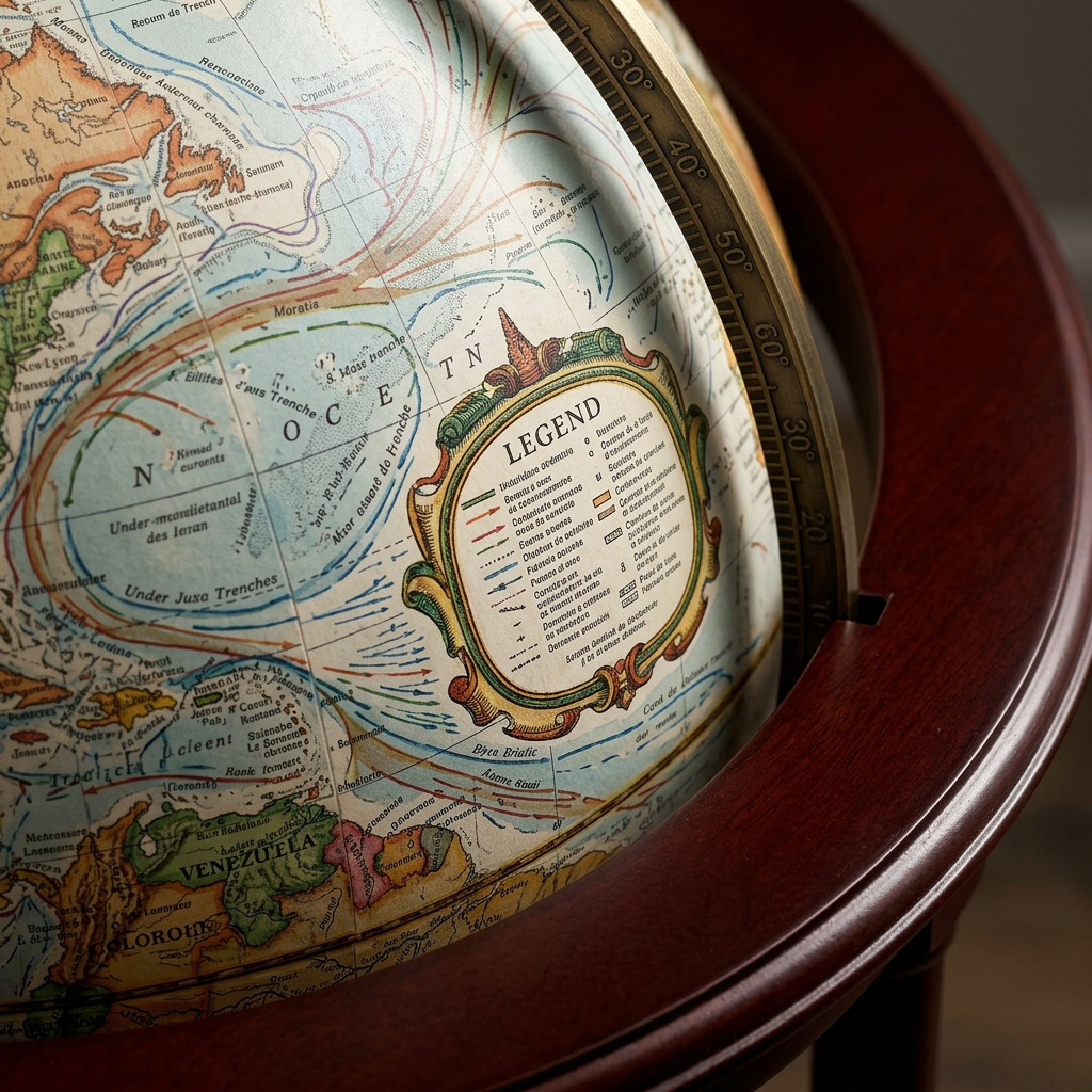 Macro view of Westminster globe: detail of French legend, printed map features, and brass meridian ring.