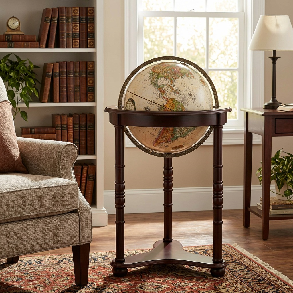 An inviting study features the Replogle Westminster floor standing globe as its central piece. Natural light from a window illuminates the antique-style, French-labeled globe and its classic dark wood stand on a Persian rug. In the background a bookshelf, desk with papers, and armchair contribute to a warm atmosphere. This image perfectly showcases the globe's realistic scale and timeless elegance.