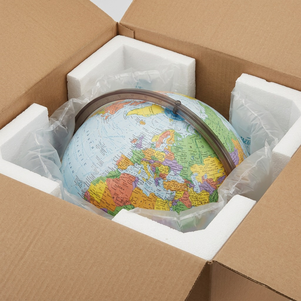 Close-up photo: The Replogle Globemaster globe from image_0.png is secure within robust custom protective foam inserts in a cardboard box, conveying safe unboxing.
