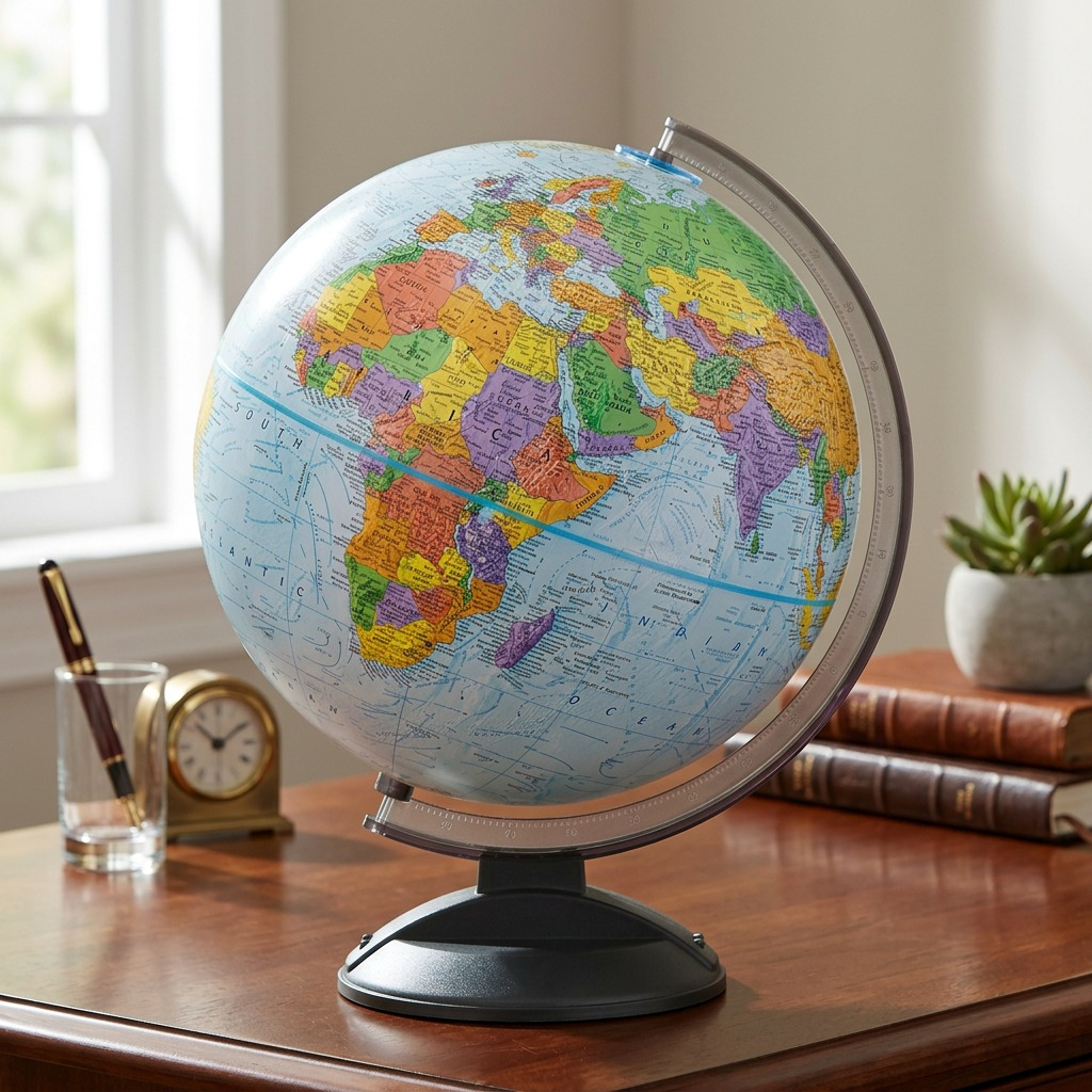A photo of the Replogle Globes Globemaster-12" Blue Ocean Desk Globe placed on an antique wood desk.