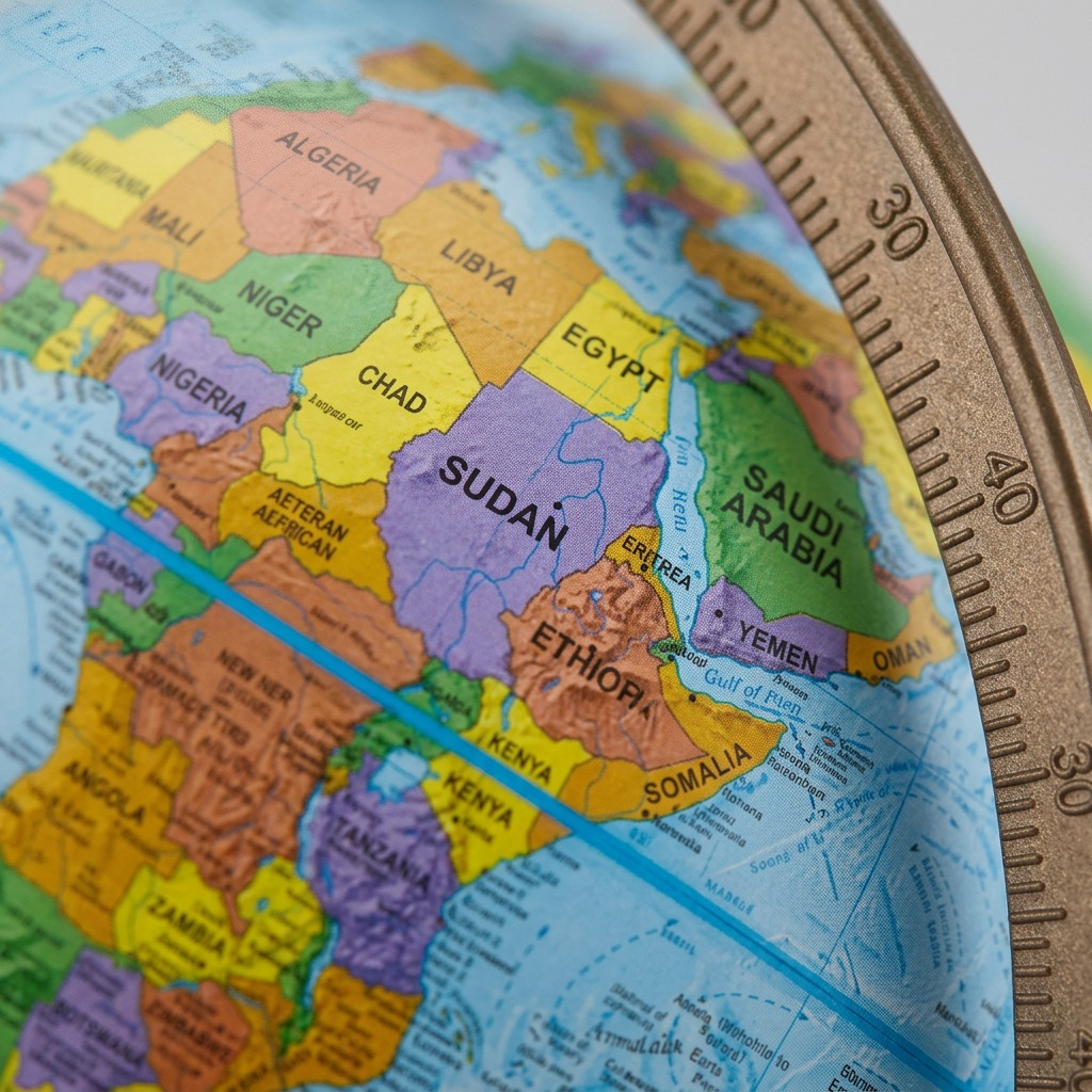 Macro inspect close-up of globe cartography showing sharp edge-to-edge printing of African nations.