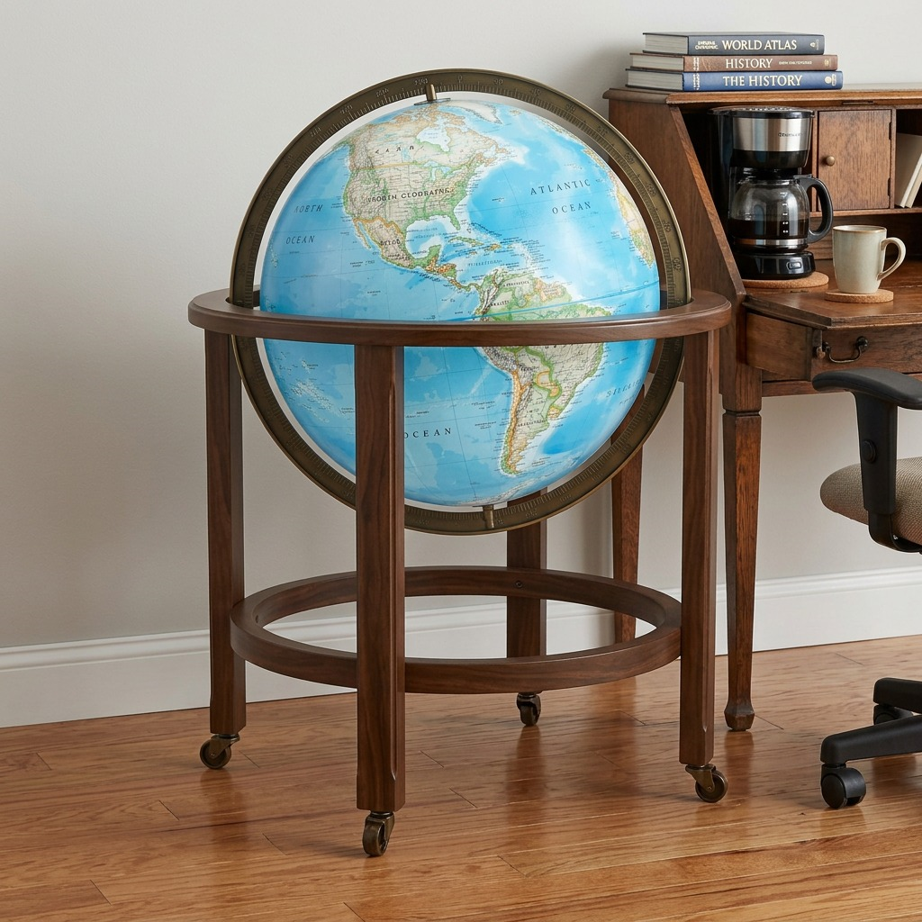 A detailed studio photograph of the Replogle Globes Kingsley standing next to a standard 6-cup electric coffee maker and mug, showcasing its floor-standing scale and proportions.