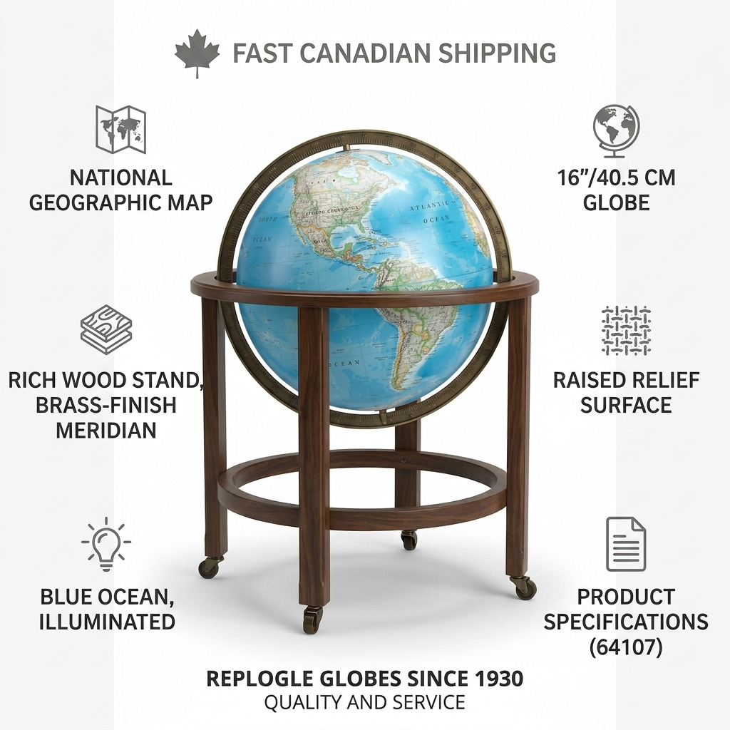 Trust infographic for Replogle Globes floor model, showing build quality and fast Canadian shipping.