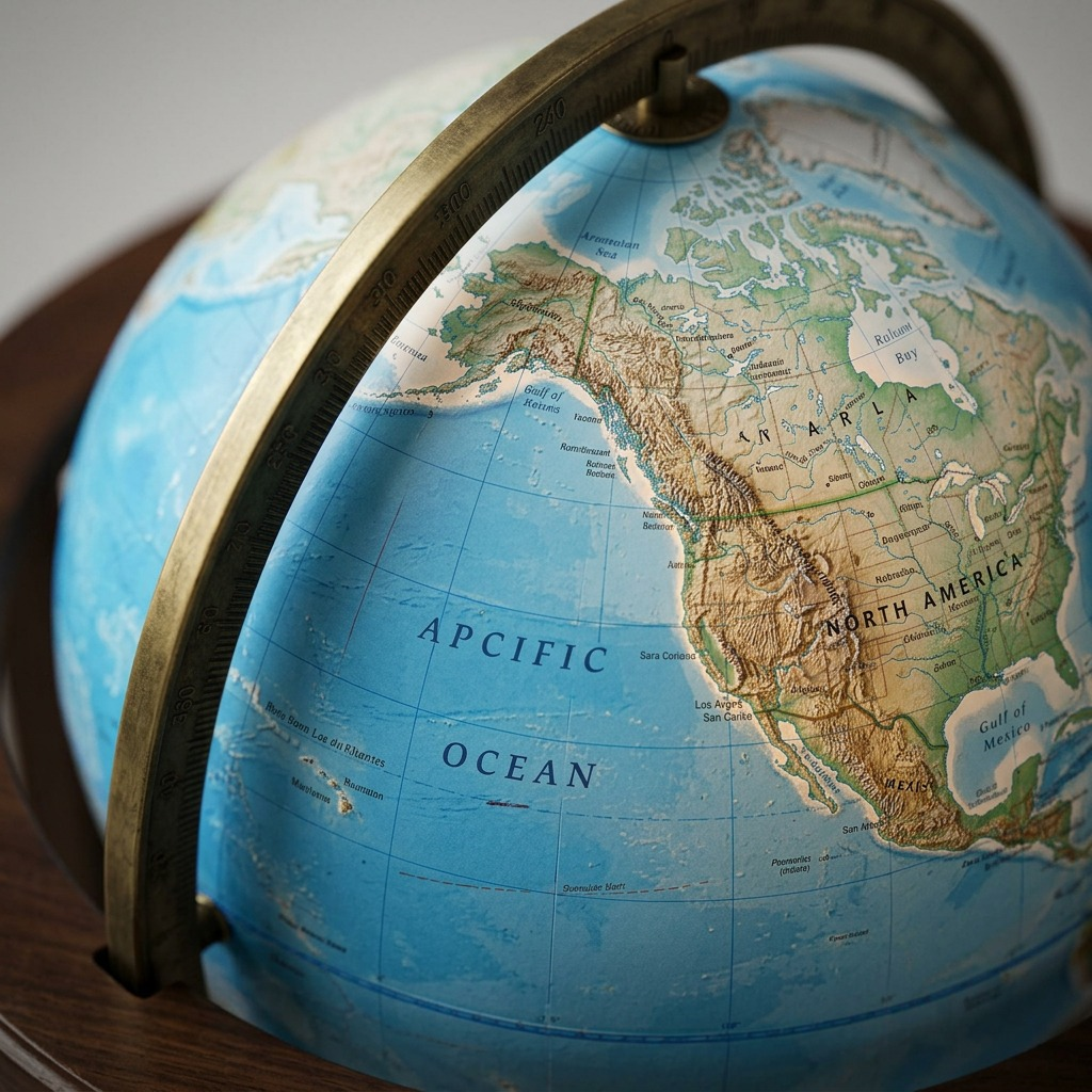 Macro showing raised relief, illuminated cartography, and brass meridian texture of the Kingsley globe.