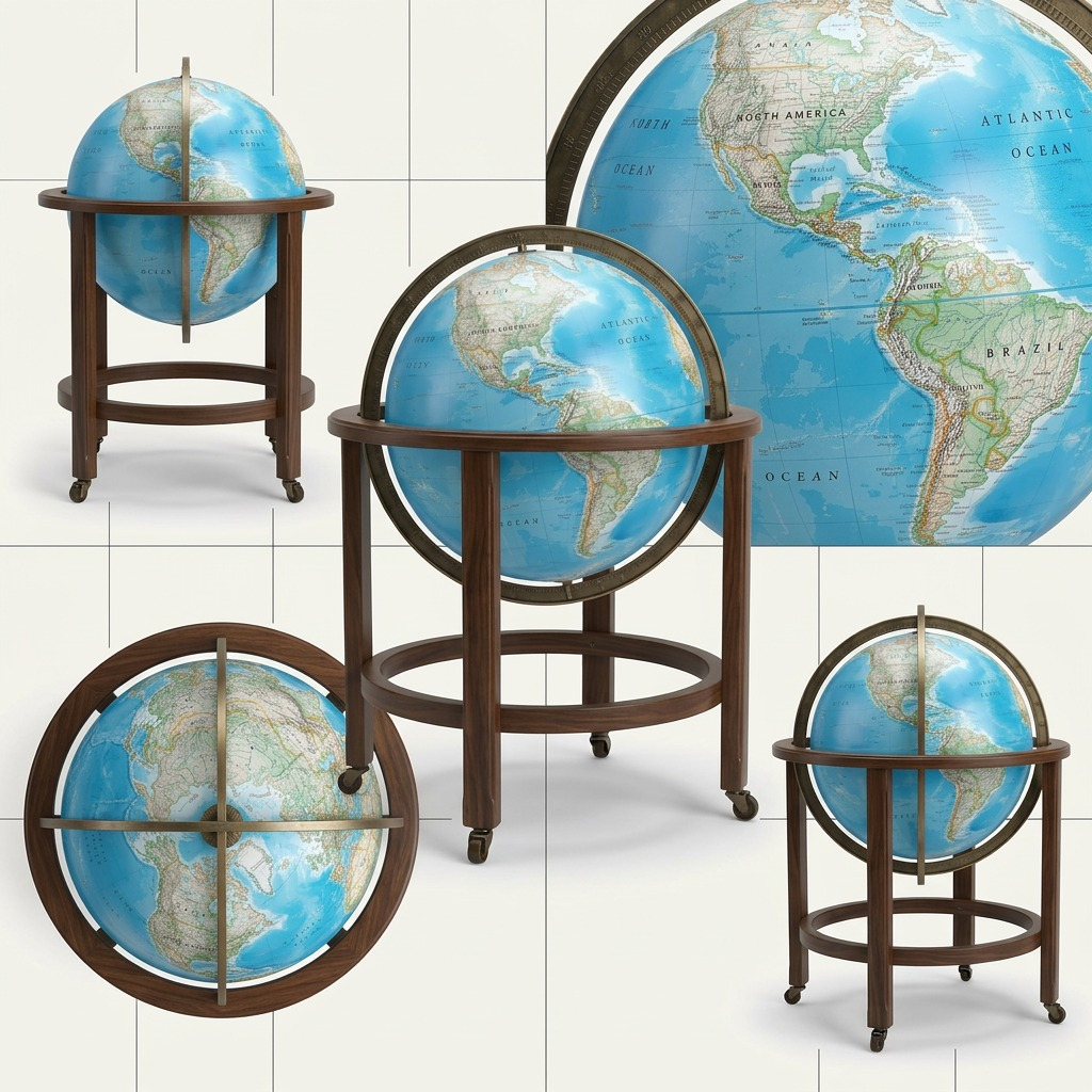 Multi-angle product view of a blue and mahogany floor stand globe in an ecommerce grid composition.