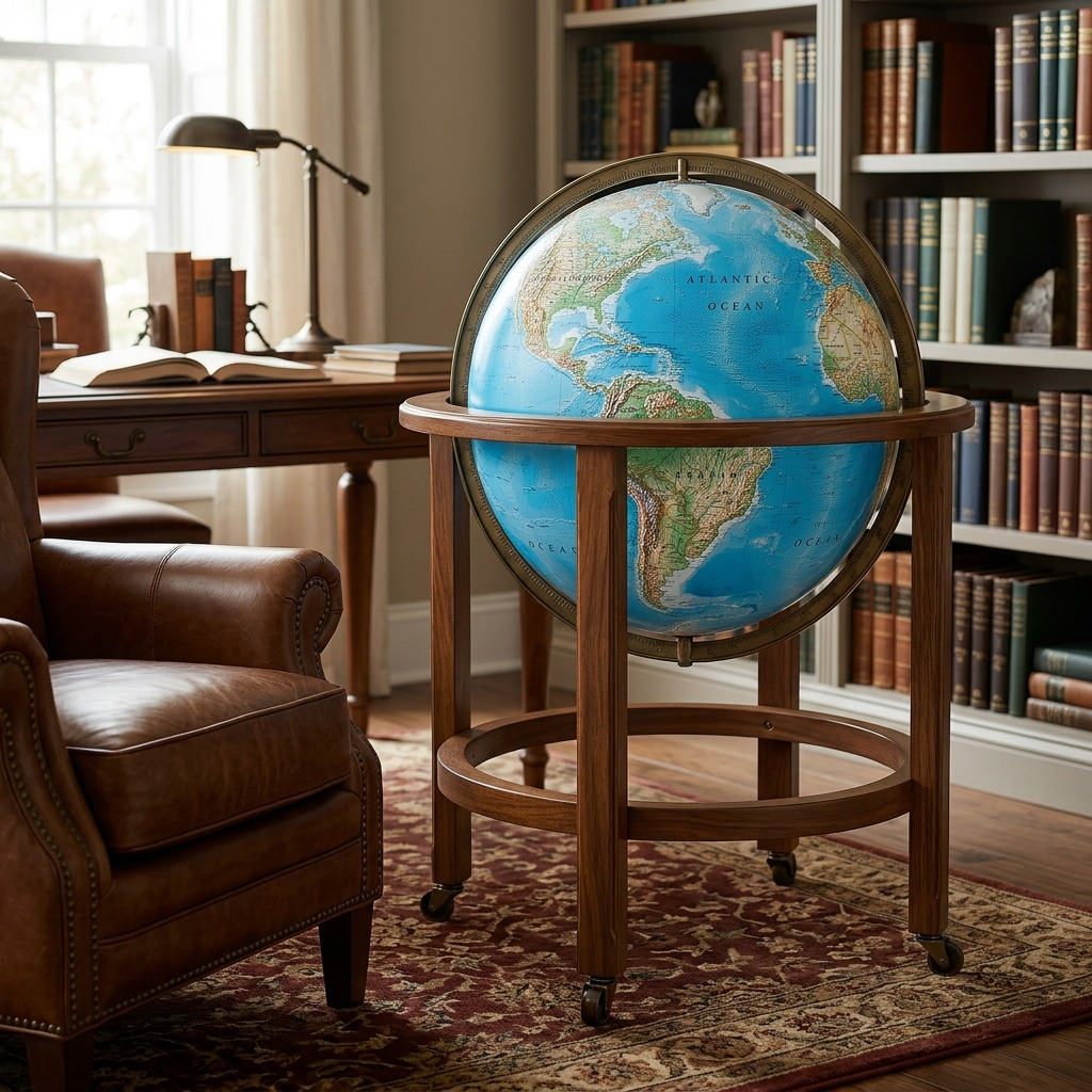The Replogle Kingsley floor globe standing on wheels in a home study, beside a leather armchair.