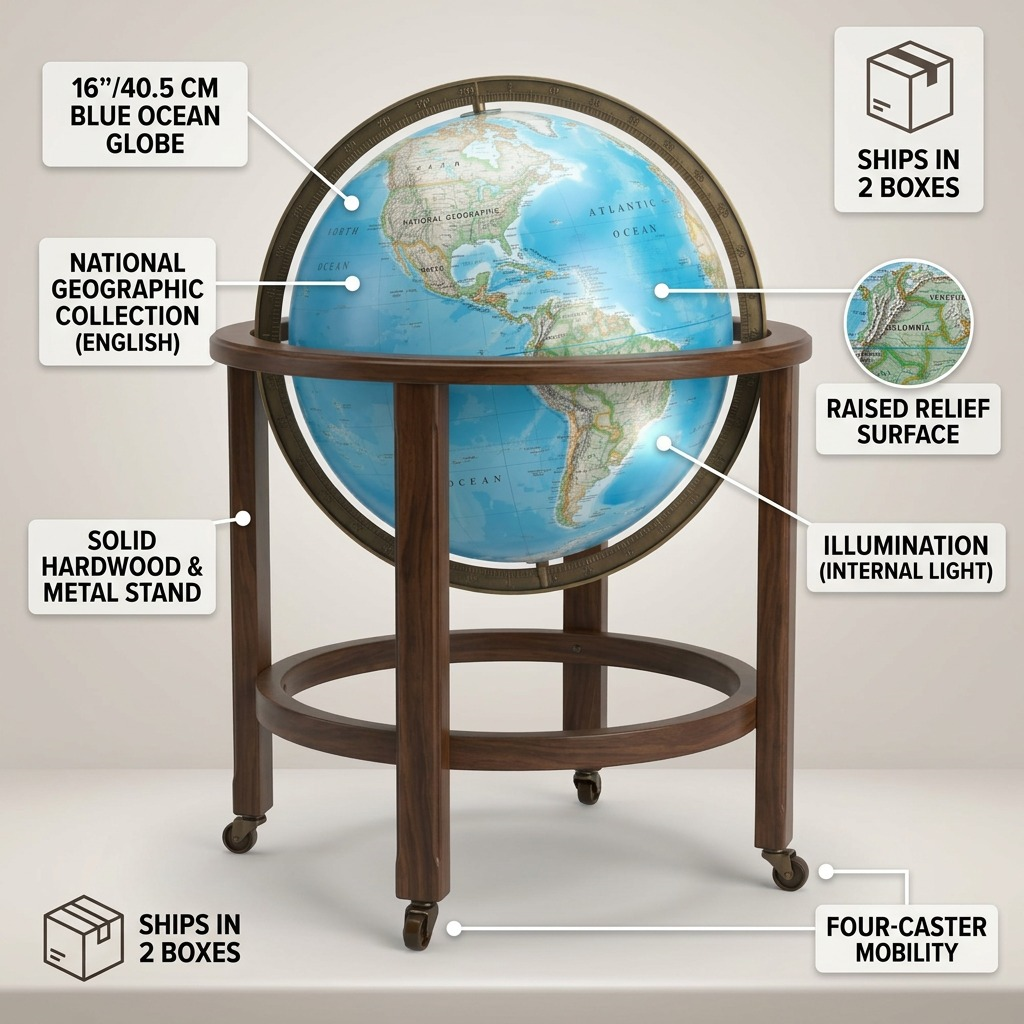 A professional feature callout image for the Replogle Kingsley floor globe, detailing key specifications.