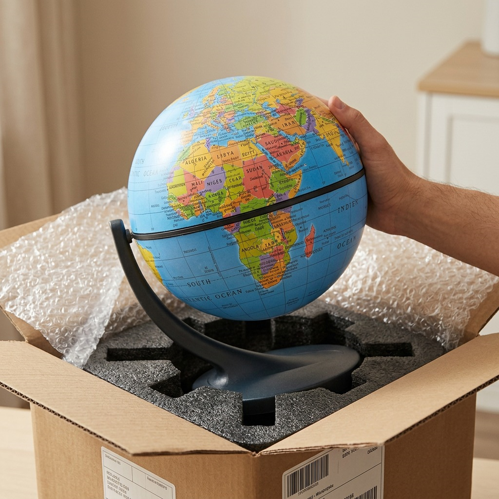 Replogle Wonderglobe unboxing scene: globe rests securely within molded charcoal foam packaging.