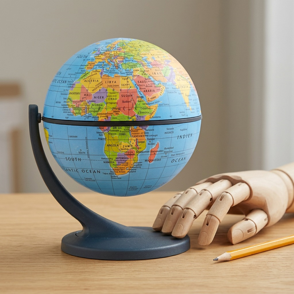 A studio photograph on a light wood desk, showing the Replogle Wonderglobe next to a realistic human hand and a pencil for visual scale reference.