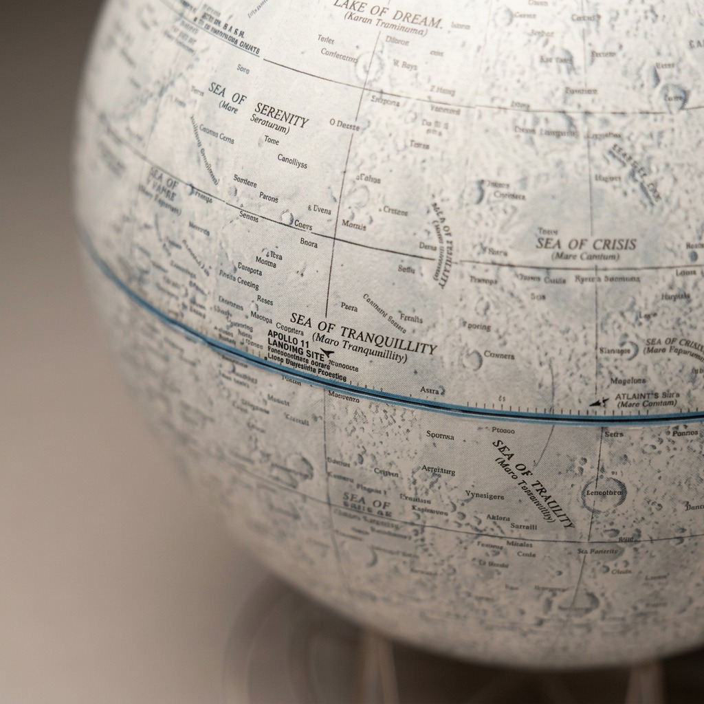 Macro photograph of the Replogle Moon Globe surface, showing detailed mapping and textured paper texture.