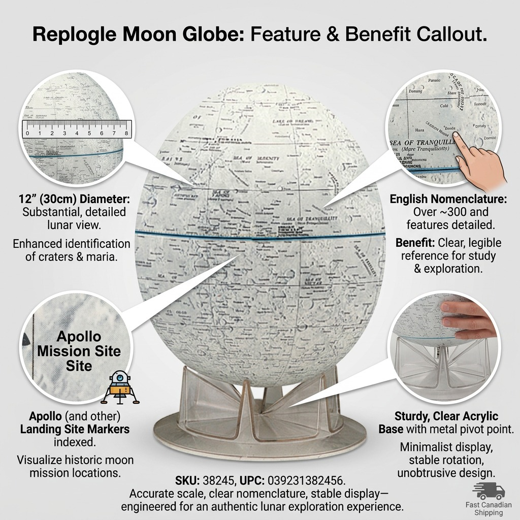 A feature chart with callouts detailing the Moon globe's specific benefits.