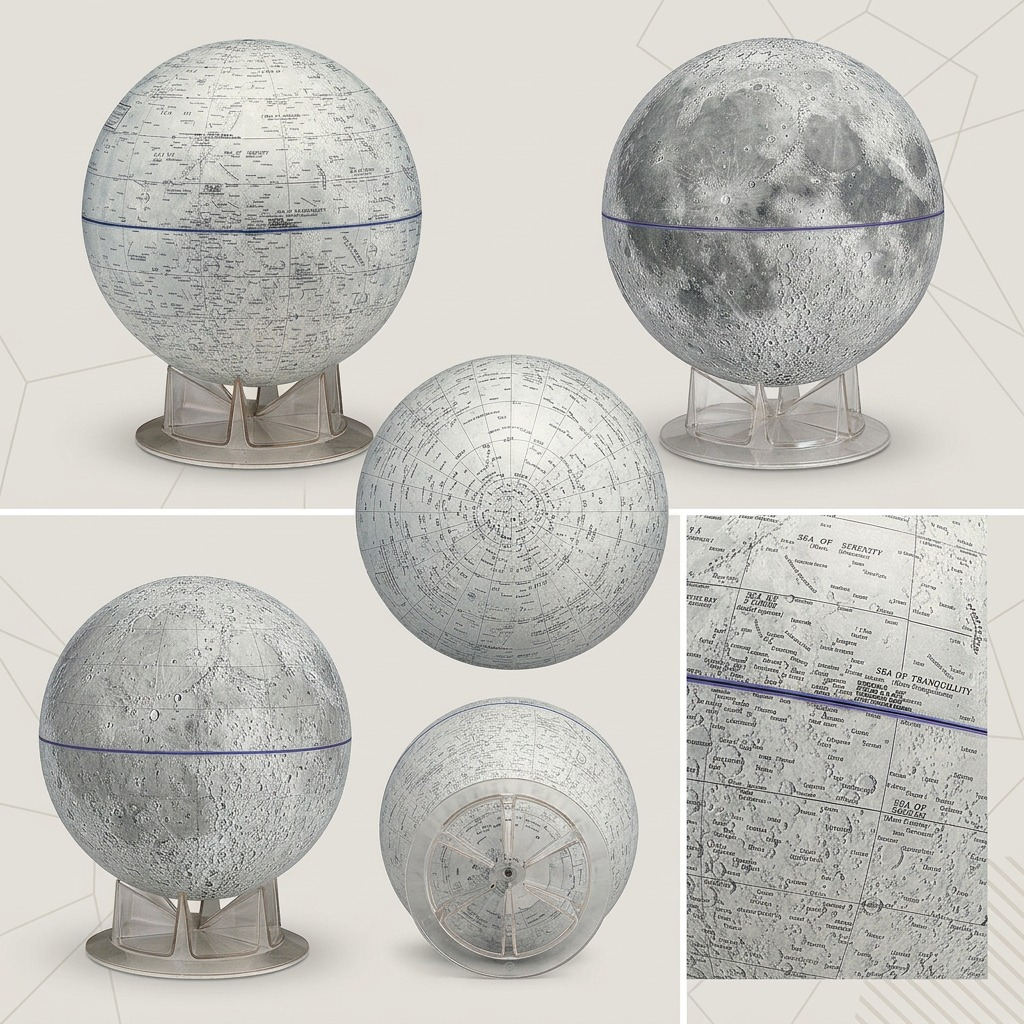 Matrix view of the Replogle Moon Globe (38245) showing front, back, top, and bottom views on modern clear stands.