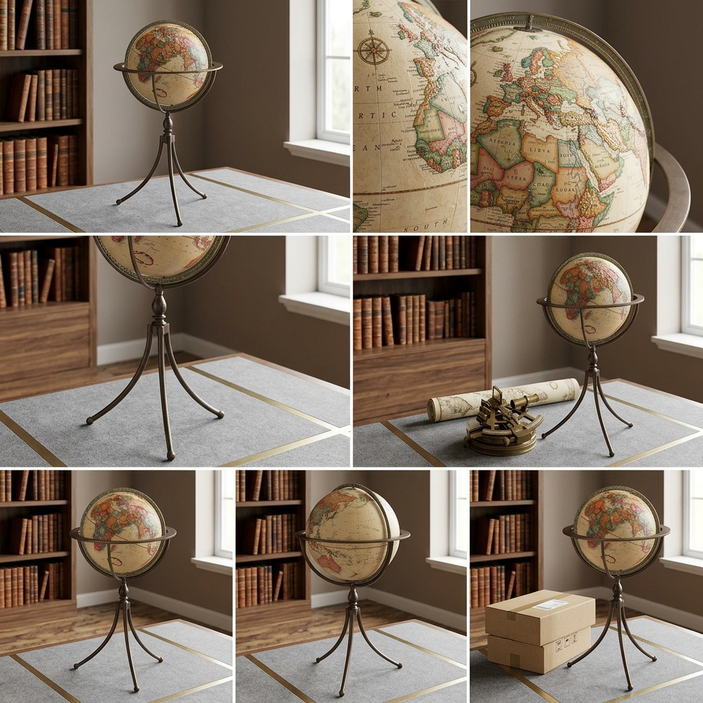 An elegant grid gallery showcasing the Replogle antique floor globe from various detailed angles and configurations.