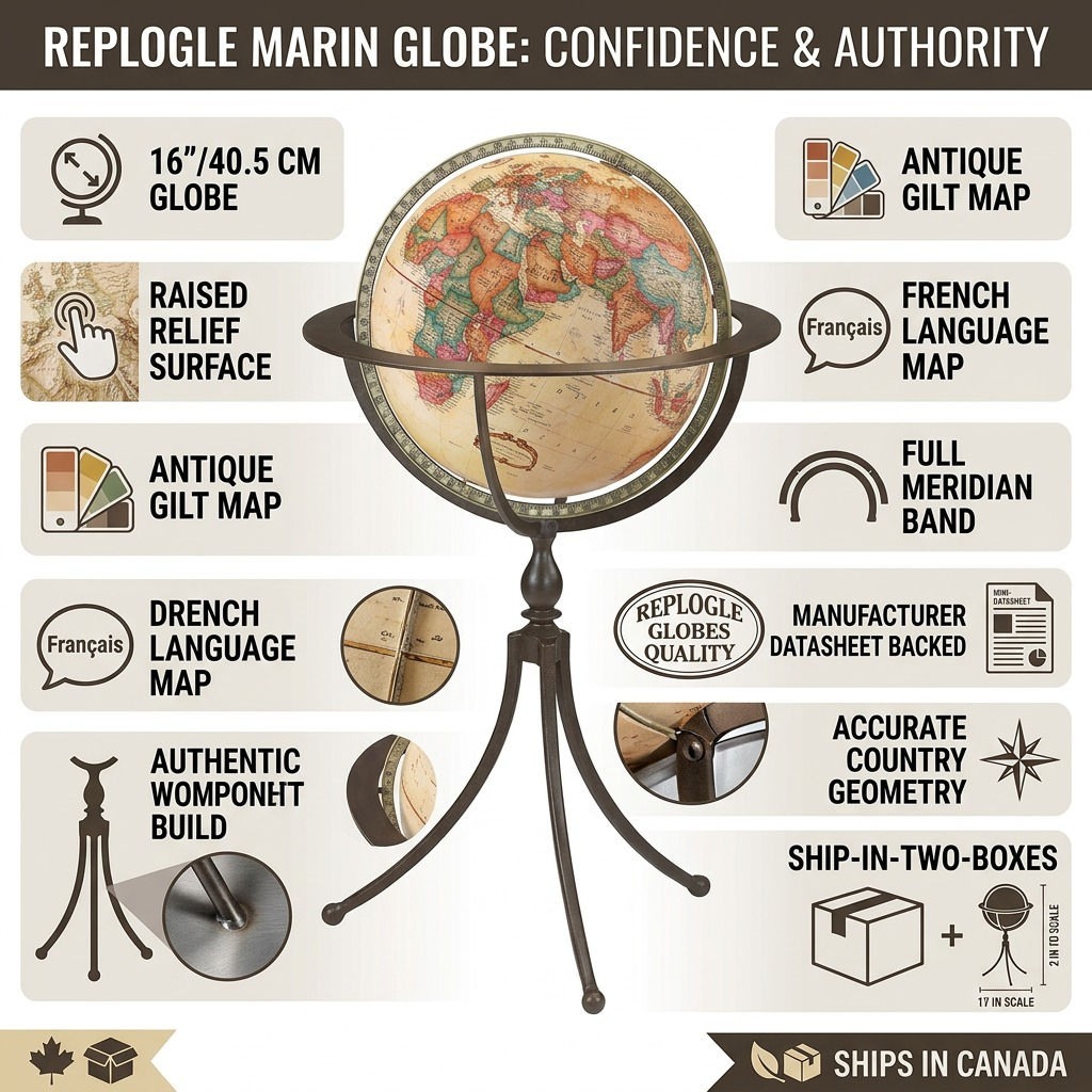 An infographic showing the Replogle Marin globe and stand with feature callouts.
