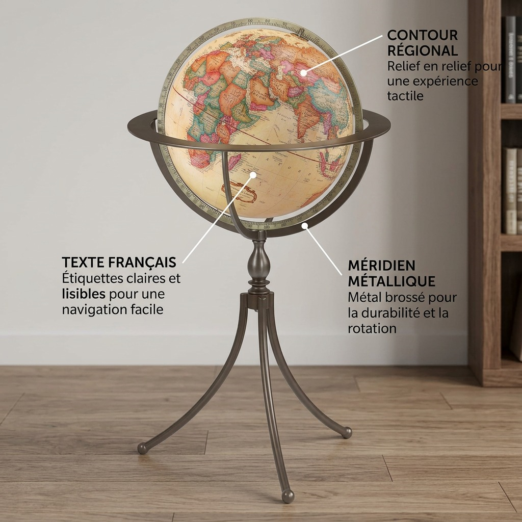 A feature callout image of the 16-inch Marin antique floor globe details the raised regional contour, easy-to-read French text labels, and the metal meridian.