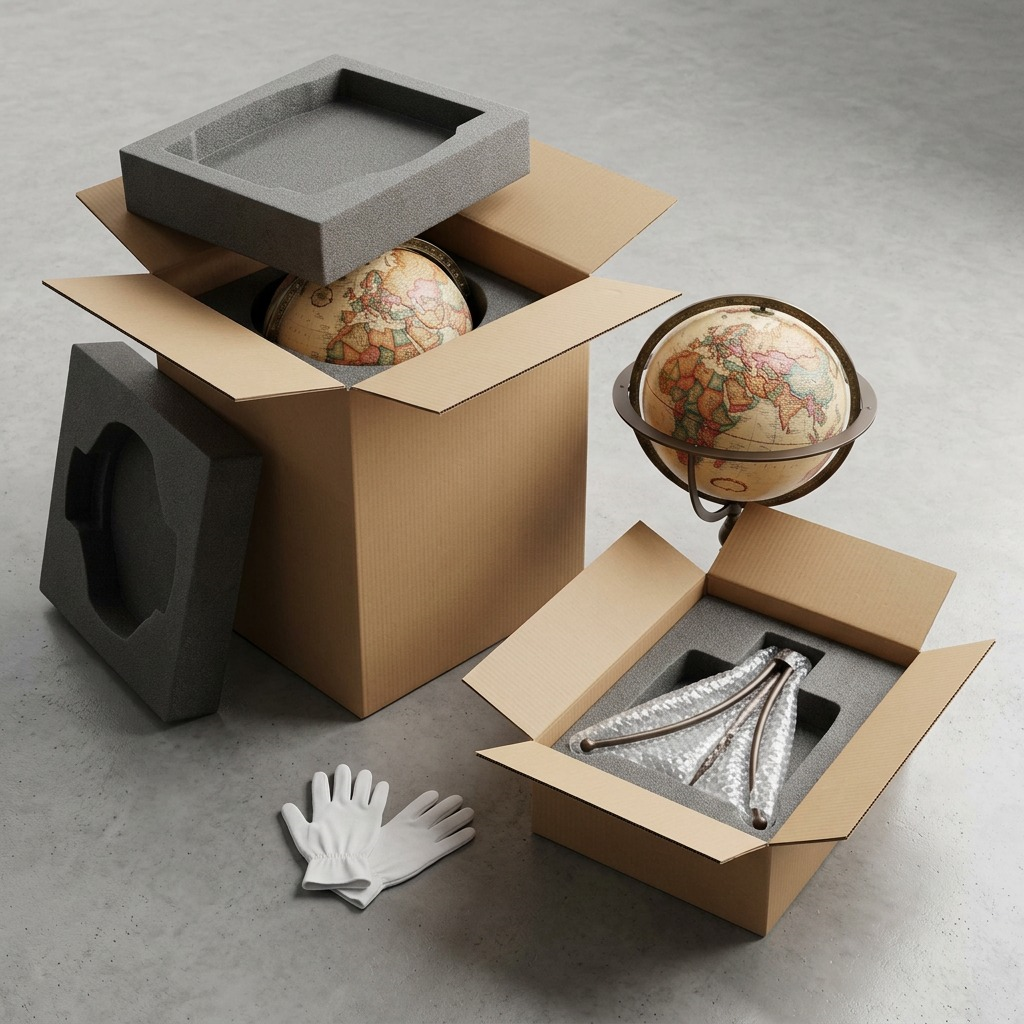 A close-up of the Replogle Globes Marin in parts being carefully unpackaged from two protective shipping cartons.
