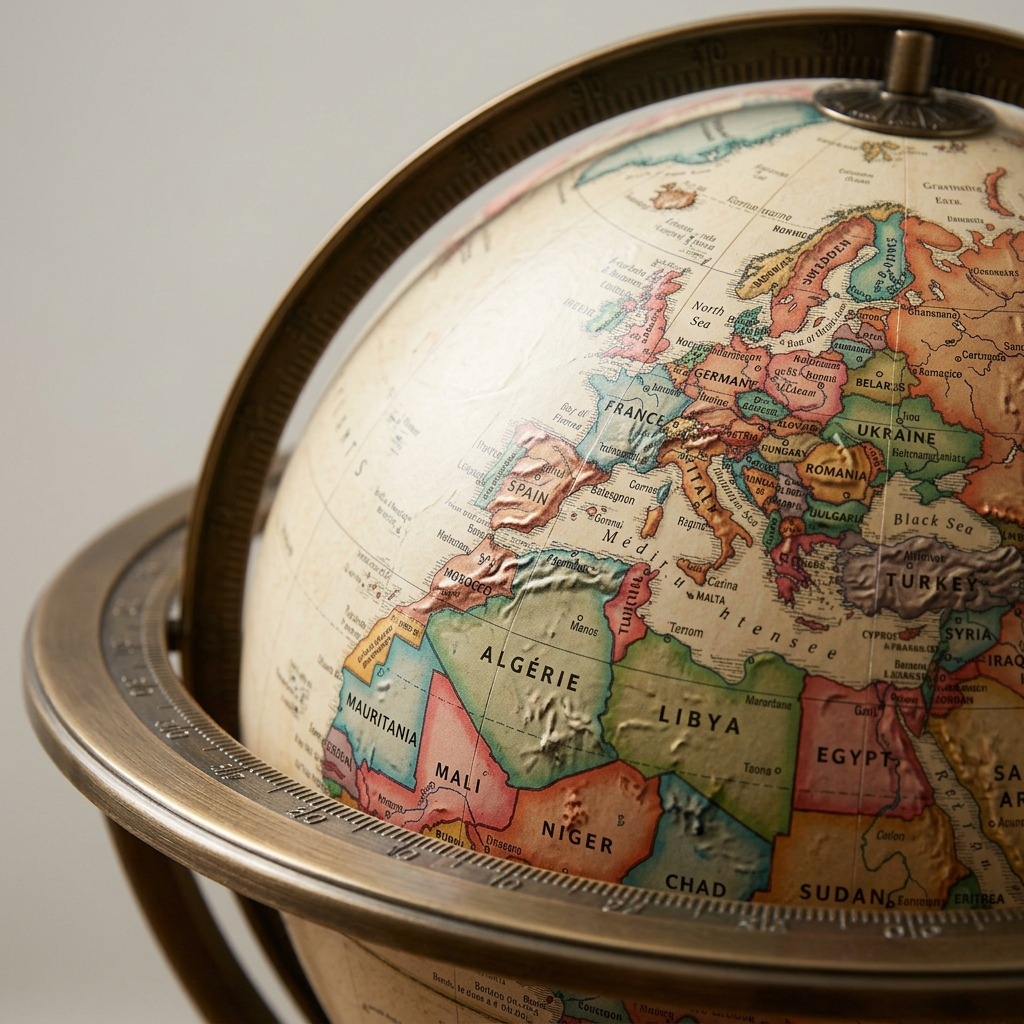 Macro close-up of the Replogle Marin globe showing raised relief texture, bronze meridian, and French text.