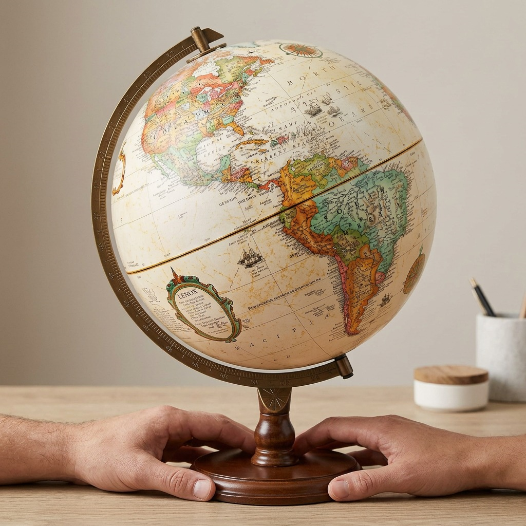 A detailed photo shows the specific antique ocean globe beside an adult hand on a desk, providing a precise visual scale.
