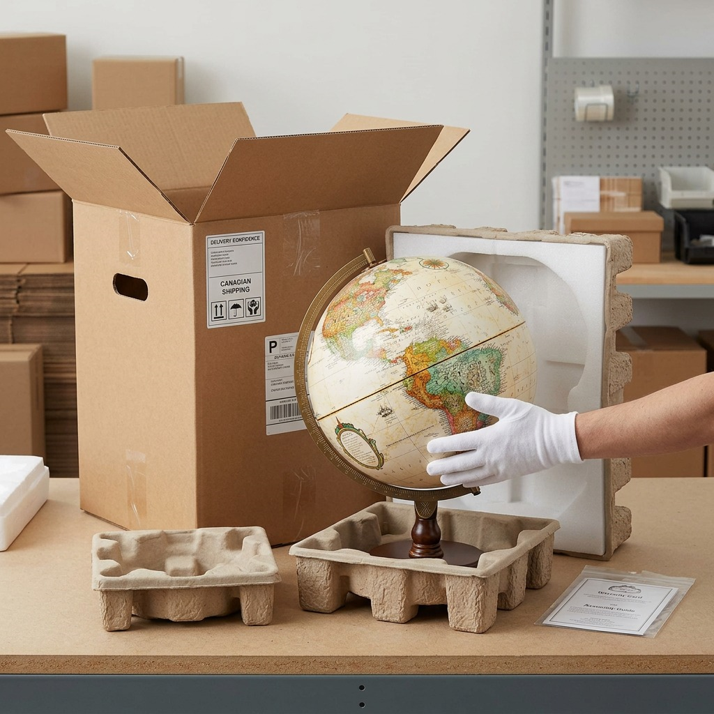 A photograph of the Replogle Lenox globe, securely packed within protective shipping materials.
