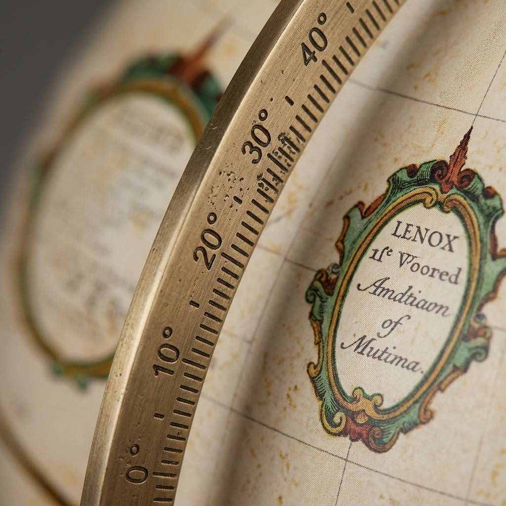 Extreme macro view: the globe's brass ring and parchment surface details.