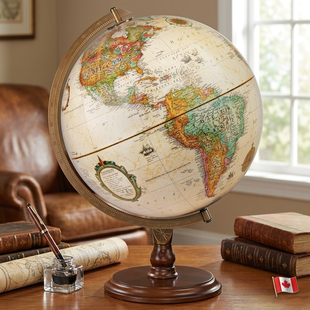 Lenox antique globe on a wooden desk with a map and books, realistic lifestyle context.