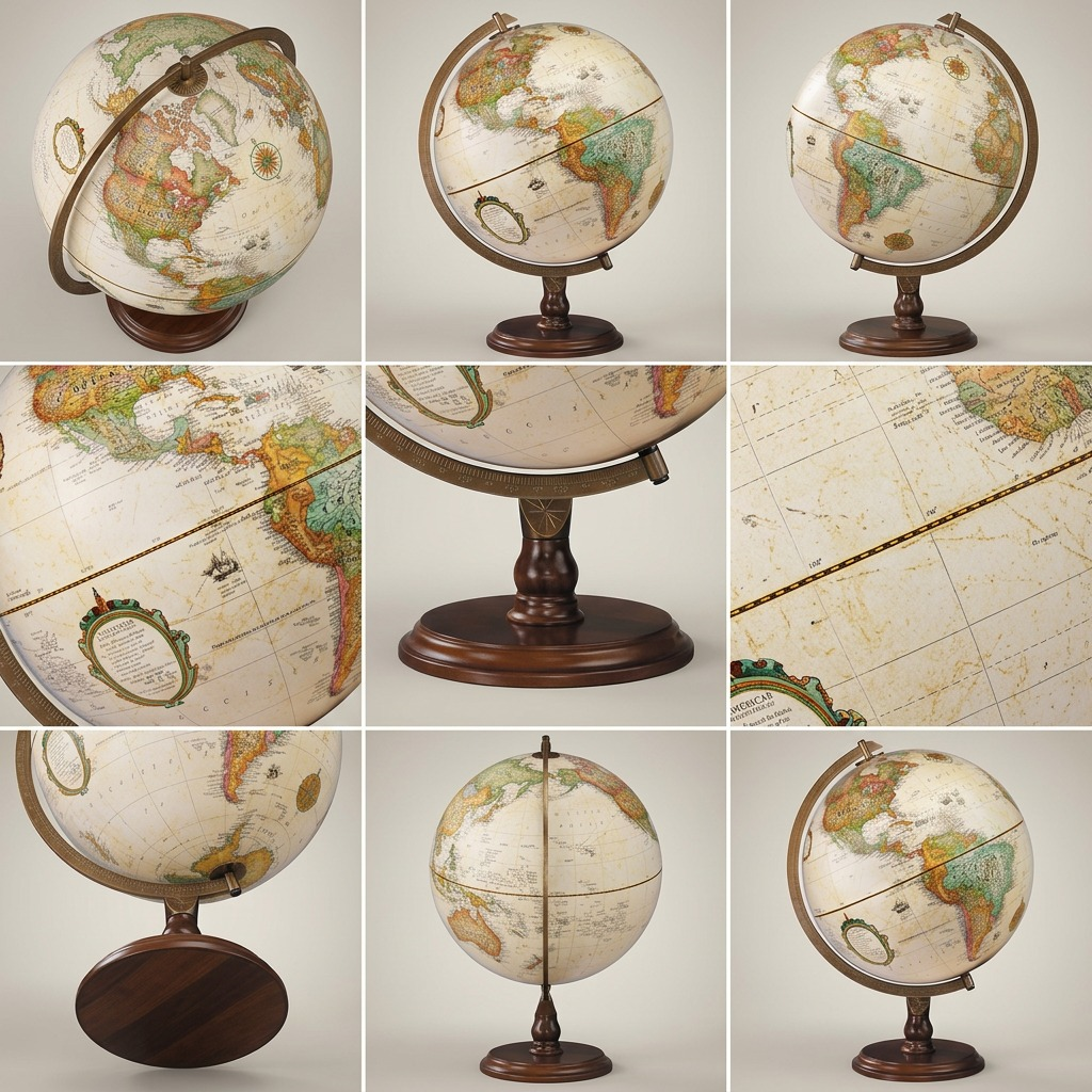 Nine-panel matrix displaying the Replogle Lenox Desk Globe from frontal, side, overhead, and detailed angles.