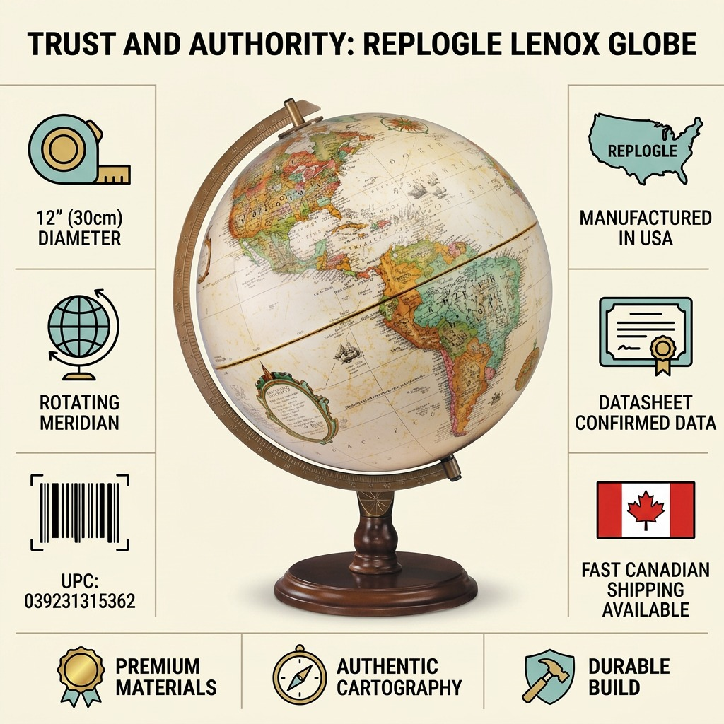 An infographic for the Replogle Globes Lenox 12-inch antique ocean desk globe, featuring trust badges, Canadian shipping info, and key product features.
