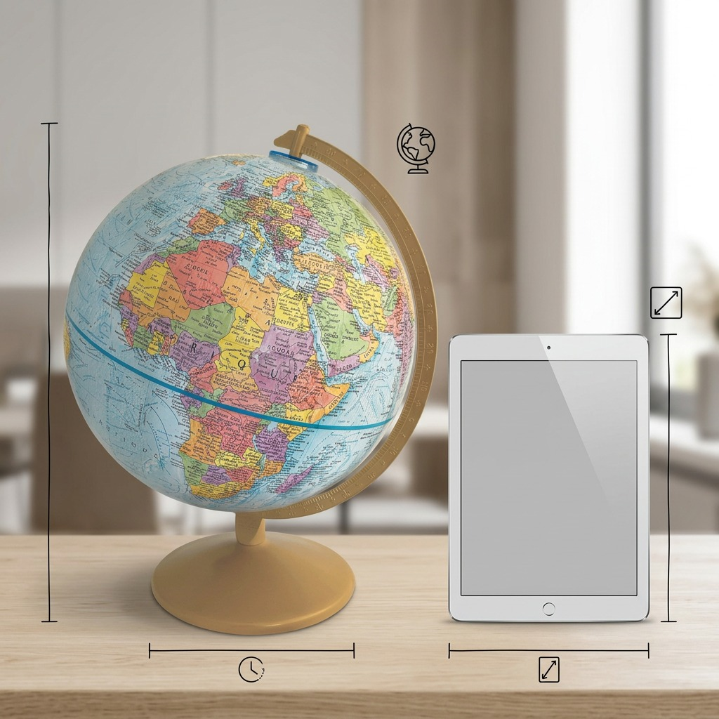 A scale reference image showing the Replogle Explorer desk globe next to a standard tablet and a coffee mug.